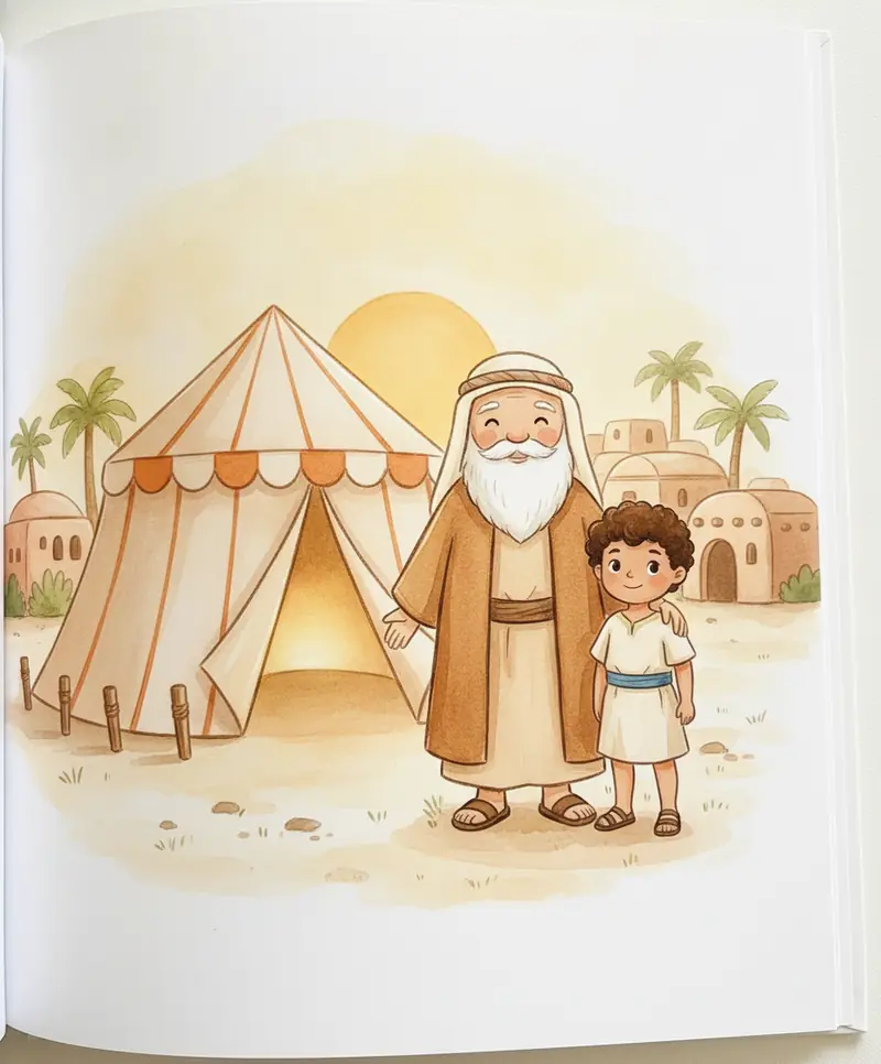 Abraão e seu filho Isaque sorrindo juntos diante de uma tenda ao amanhecer.