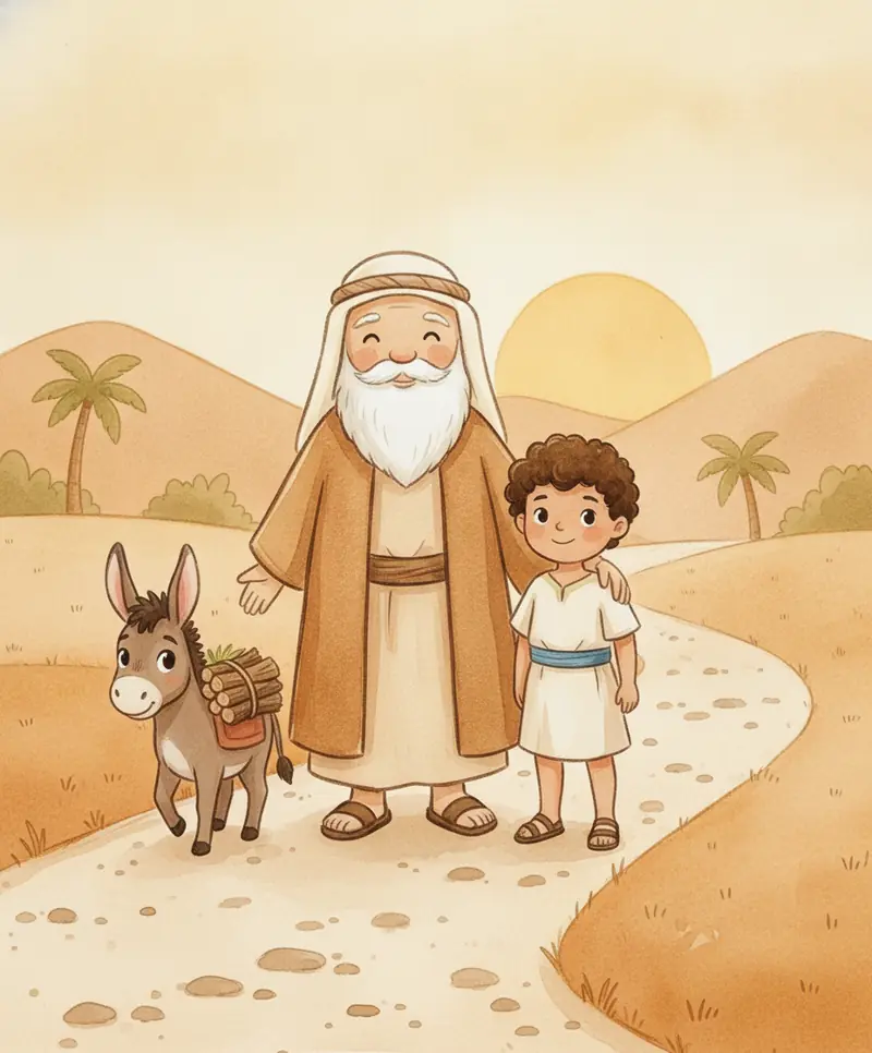 Abraão e Isaque caminhando juntos por uma trilha com um burrinho carregando lenha.