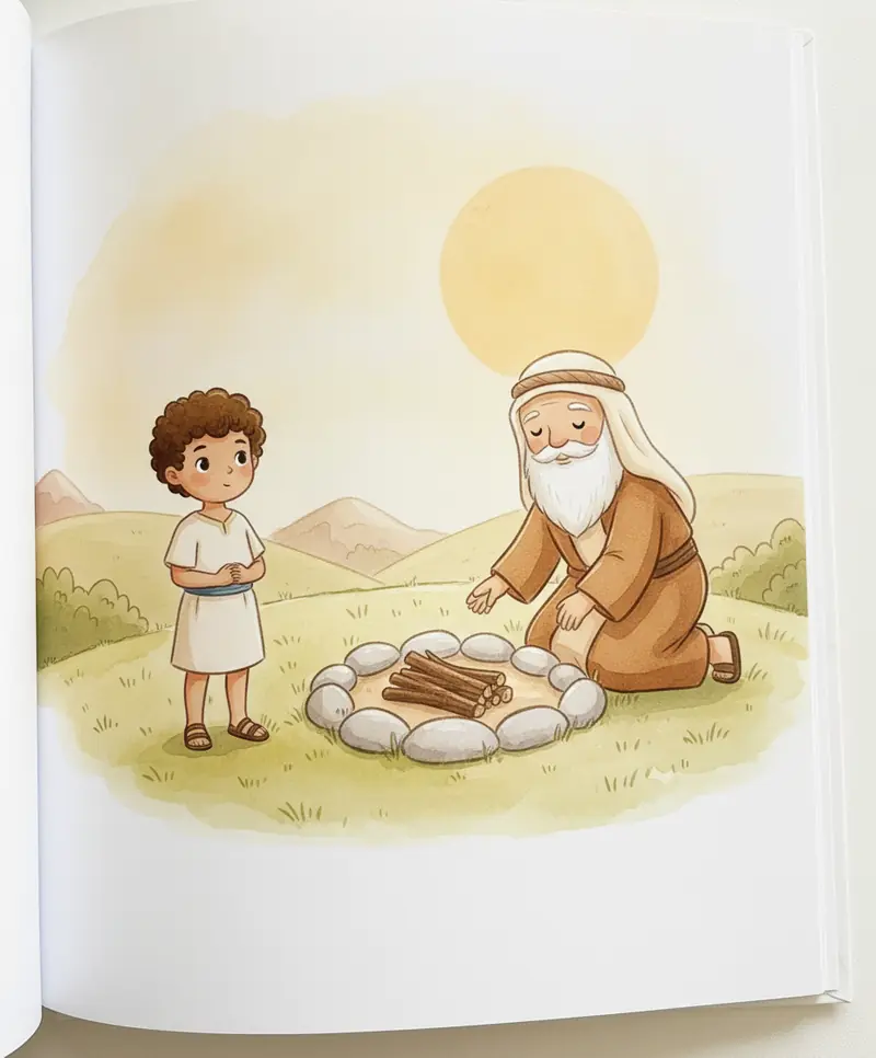 Abraão montando um altar de pedras e lenha no alto da montanha, com Isaque ao lado.