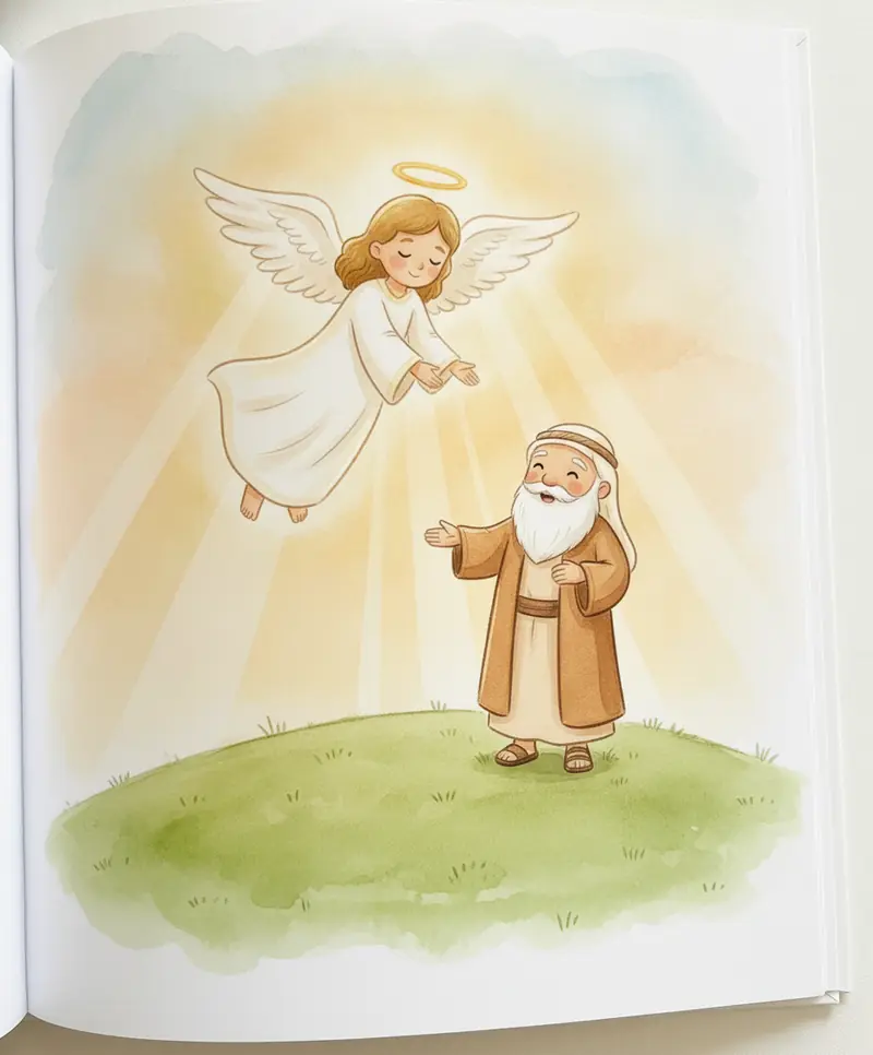 Um anjo luminoso no céu chamando Abraão, que olha para cima com alívio e alegria.