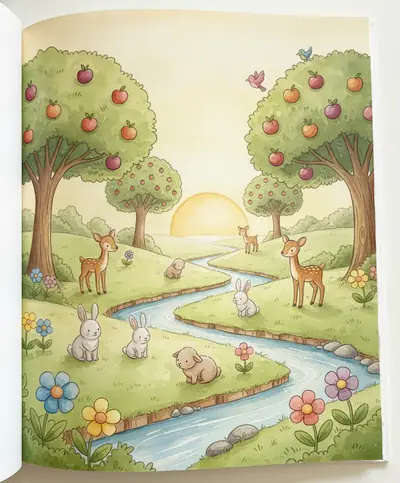 Um jardim verdejante cheio de flores, árvores frutíferas e animaizinhos felizes ao amanhecer.