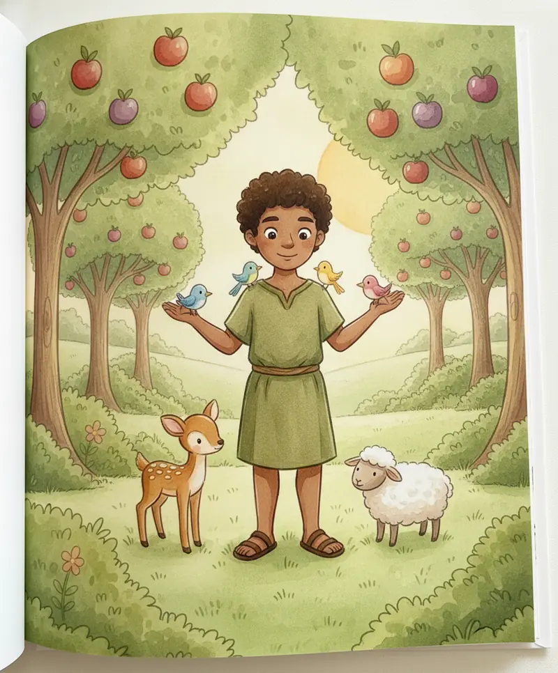Adão sorrindo no jardim enquanto dá nomes aos animais que se aproximam dele.