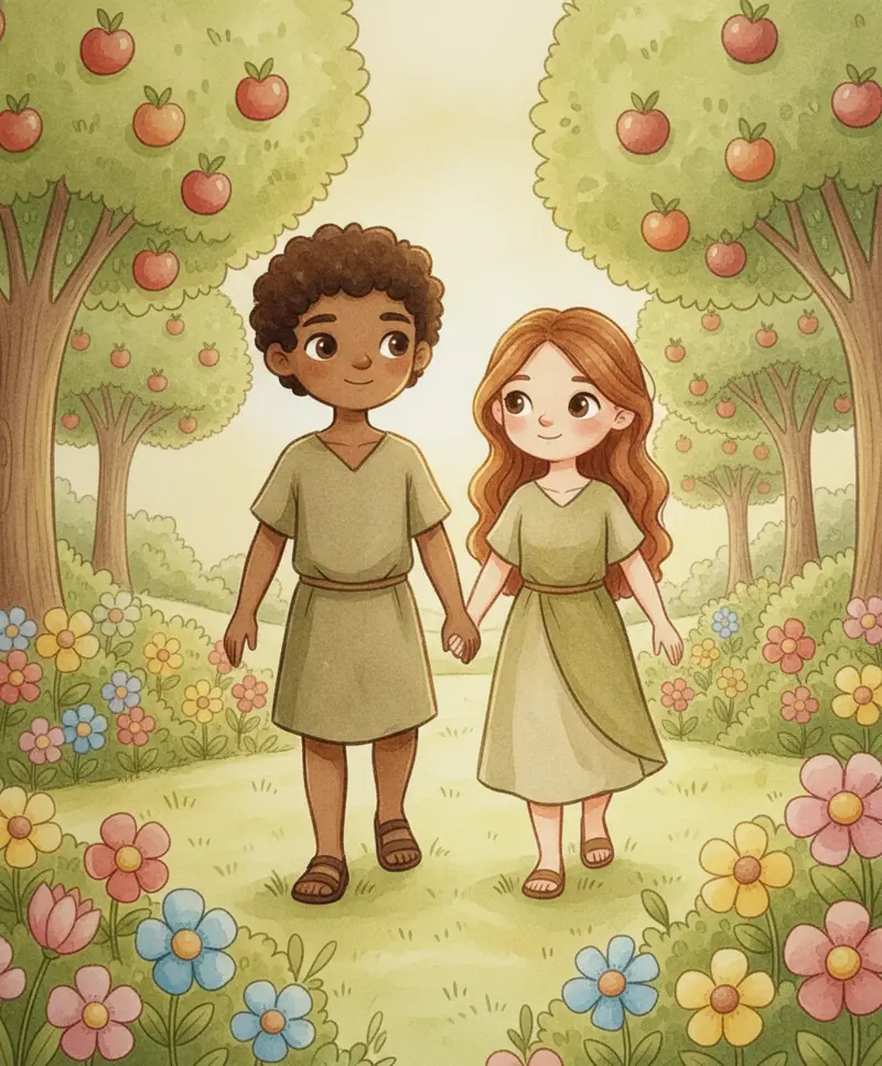 Adão e Eva caminhando juntos e felizes pelo jardim cheio de flores.