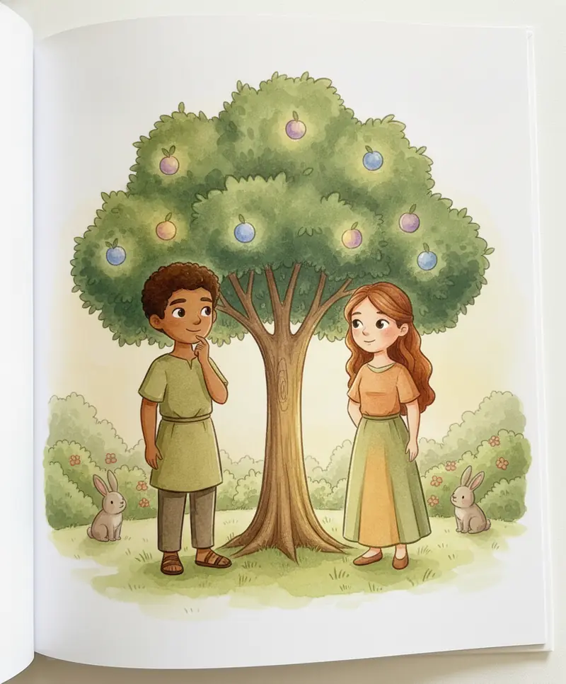 Adão e Eva olhando com atenção para a árvore especial no centro do jardim.