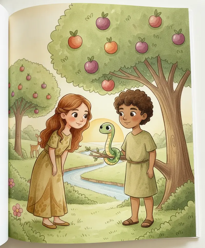 Eva conversando com uma serpentinha verde e amigável junto à árvore especial, com Adão ao lado.