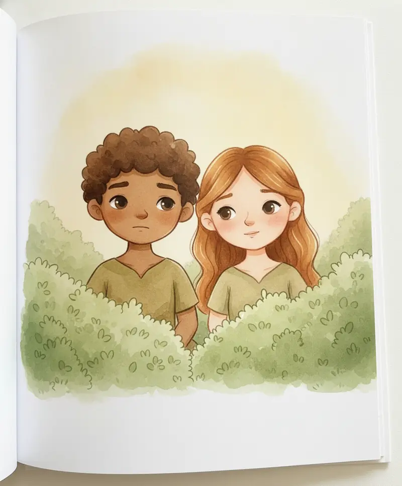 Adão e Eva sentados atrás de arbustos, pensativos, com uma luz dourada de amor chegando até eles.