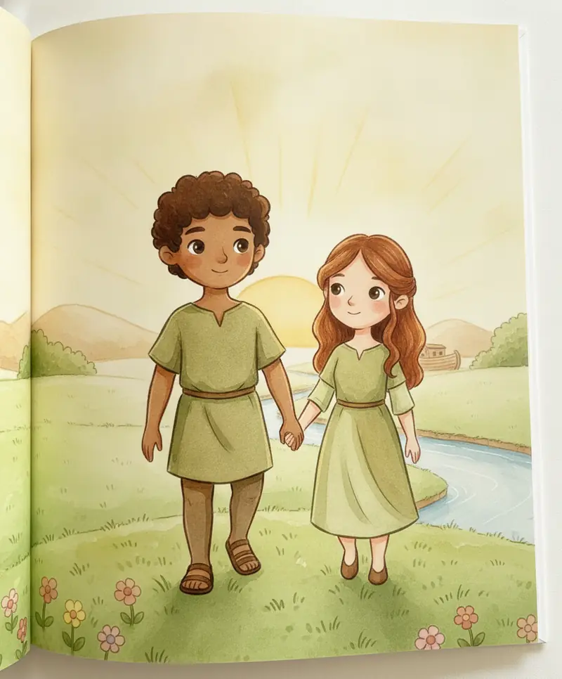 Adão e Eva caminhando de mãos dadas em direção a uma luz dourada e cheia de esperança.