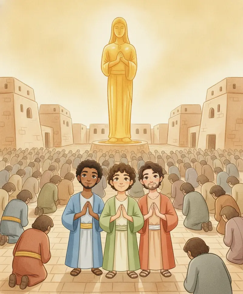 Três amigos de pé com tranquilidade enquanto uma multidão se ajoelha diante de uma estátua dourada.