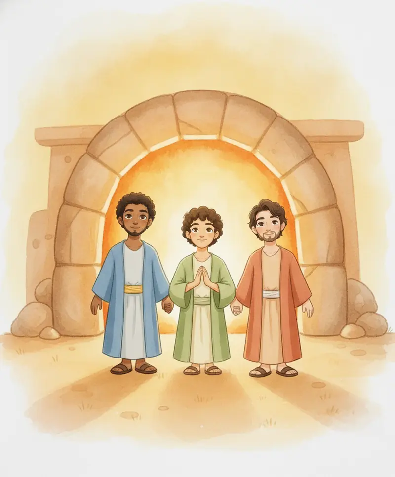 Os três amigos de mãos dadas, calmos, diante de uma grande fornalha com luz dourada suave.
