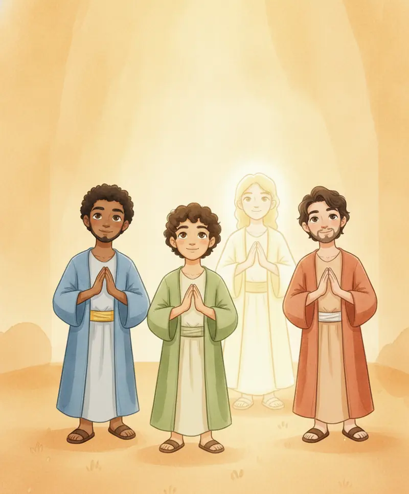 Os três amigos caminhando tranquilos em meio à luz dourada, acompanhados de uma figura brilhante.