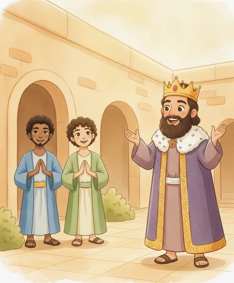 Os três amigos saindo sãos e salvos, sorrindo, enquanto o rei levanta as mãos maravilhado.