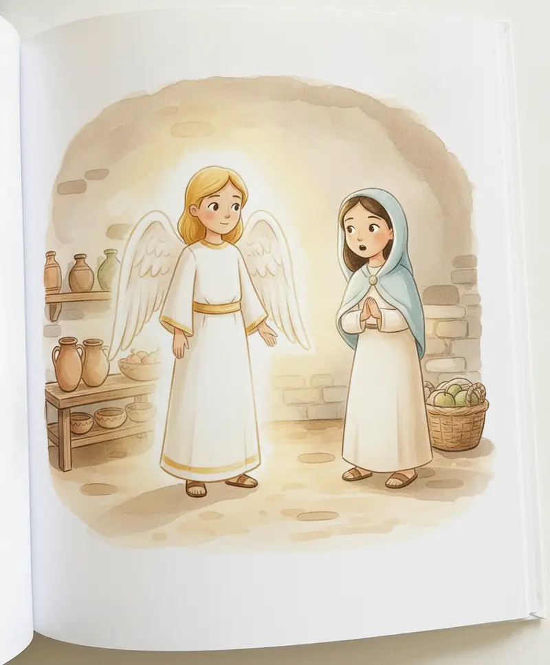 Um anjo luminoso aparece no quarto e Maria olha surpresa para ele.
