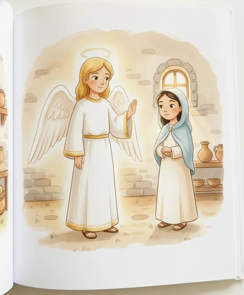 O anjo ergue a mão com carinho enquanto Maria o escuta tranquila.