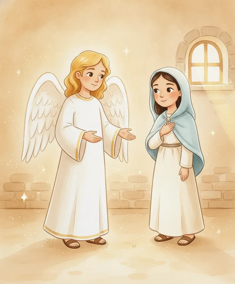 O anjo dá a boa notícia e Maria coloca a mão sobre o coração, feliz.