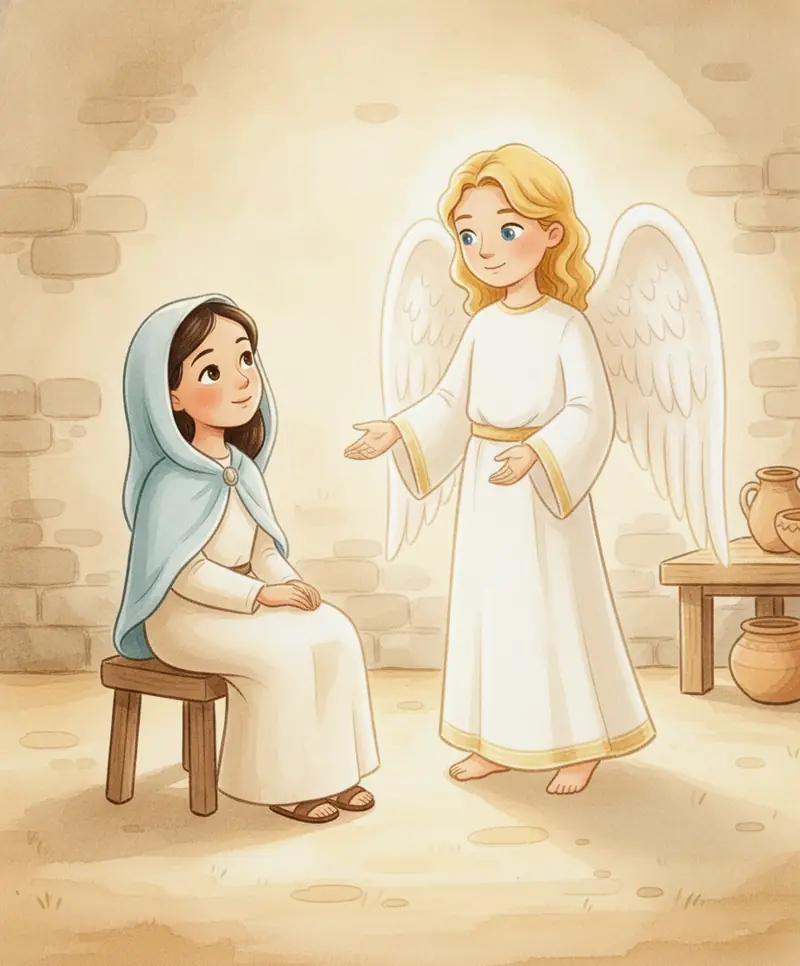 Maria conversa com o anjo, que a tranquiliza com as mãos abertas.