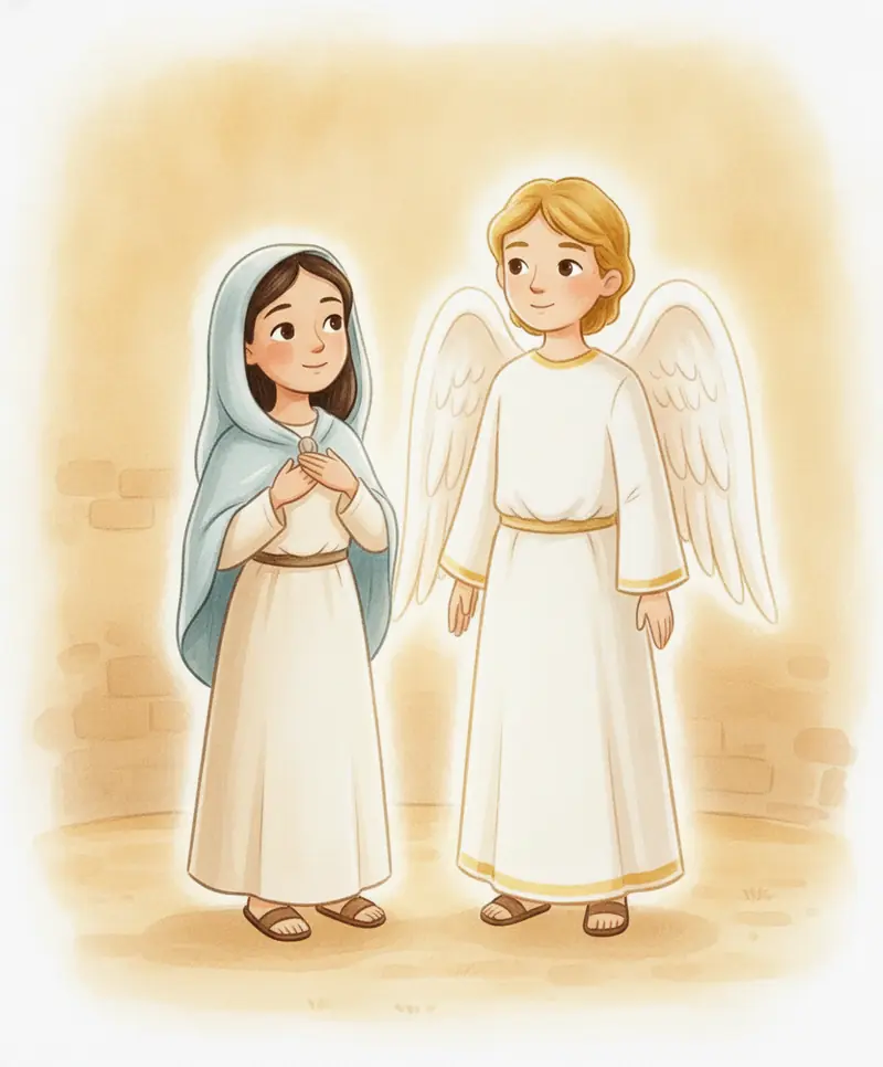 Maria, com as mãos no coração, diz sim a Deus ao lado do anjo.