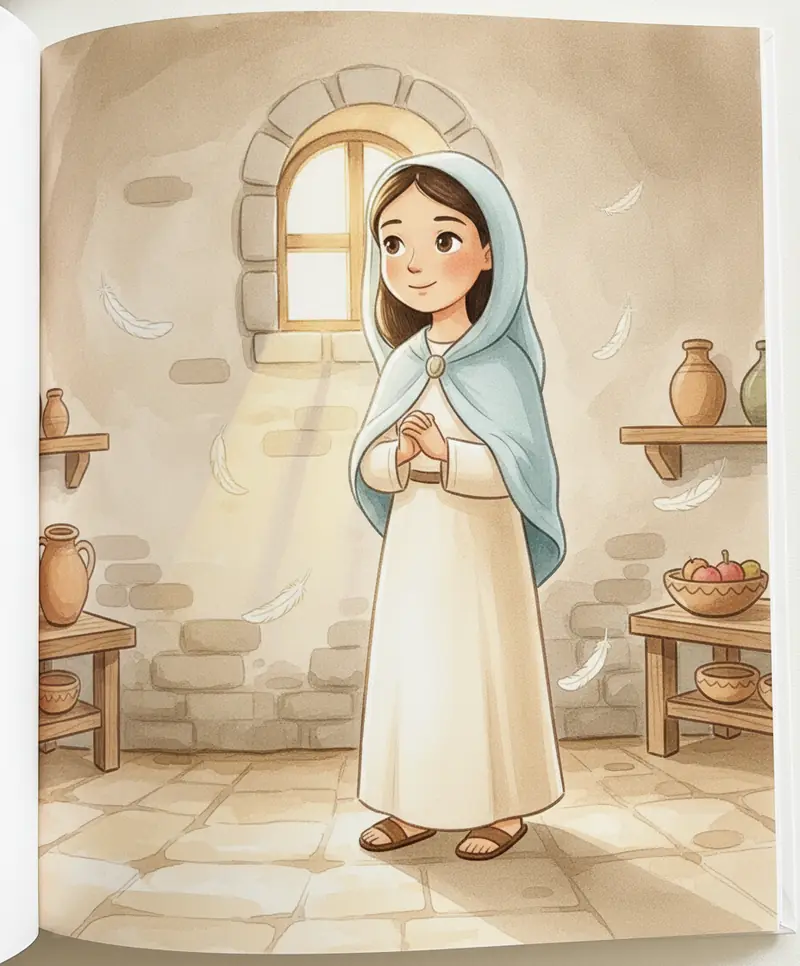 Maria, sozinha junto à janela, olha esperançosa para a luz dourada da tarde.