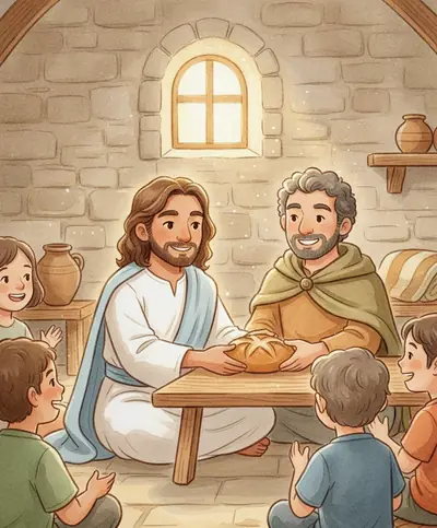 Jesus sentado à mesa compartilhando pão com seus amigos felizes em uma sala aconchegante.