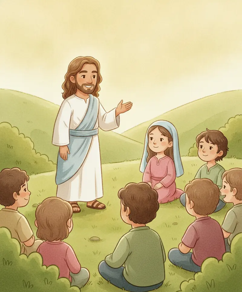 Jesus em pé ensinando seus amigos sentados na grama de uma colina verde.