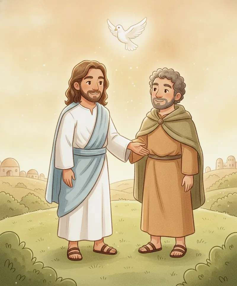 Jesus fazendo uma promessa a seus amigos enquanto uma pomba de luz paira no céu.