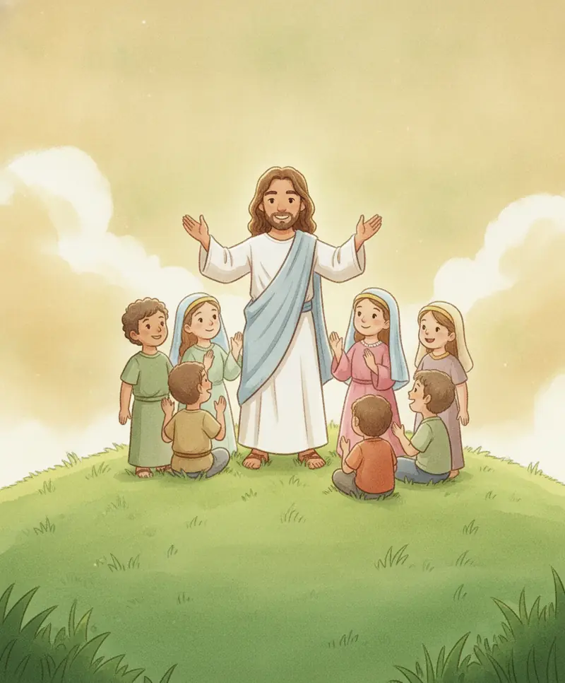 Jesus em um monte verde abençoando seus amigos com as mãos levantadas sob um céu dourado.