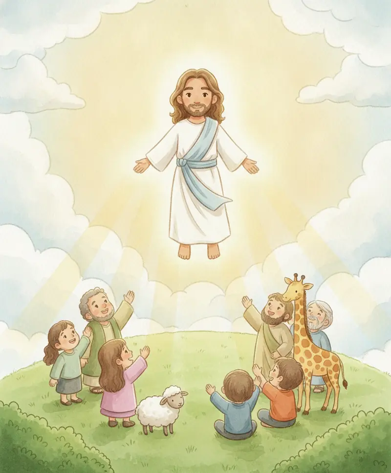 Jesus subindo suavemente ao céu envolvido por uma nuvem branca e luz dourada enquanto seus amigos olham para cima.