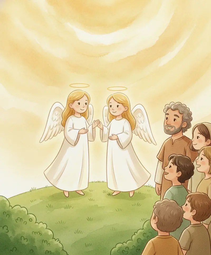 Dois anjos sorridentes falando gentilmente com os amigos de Jesus em uma colina.