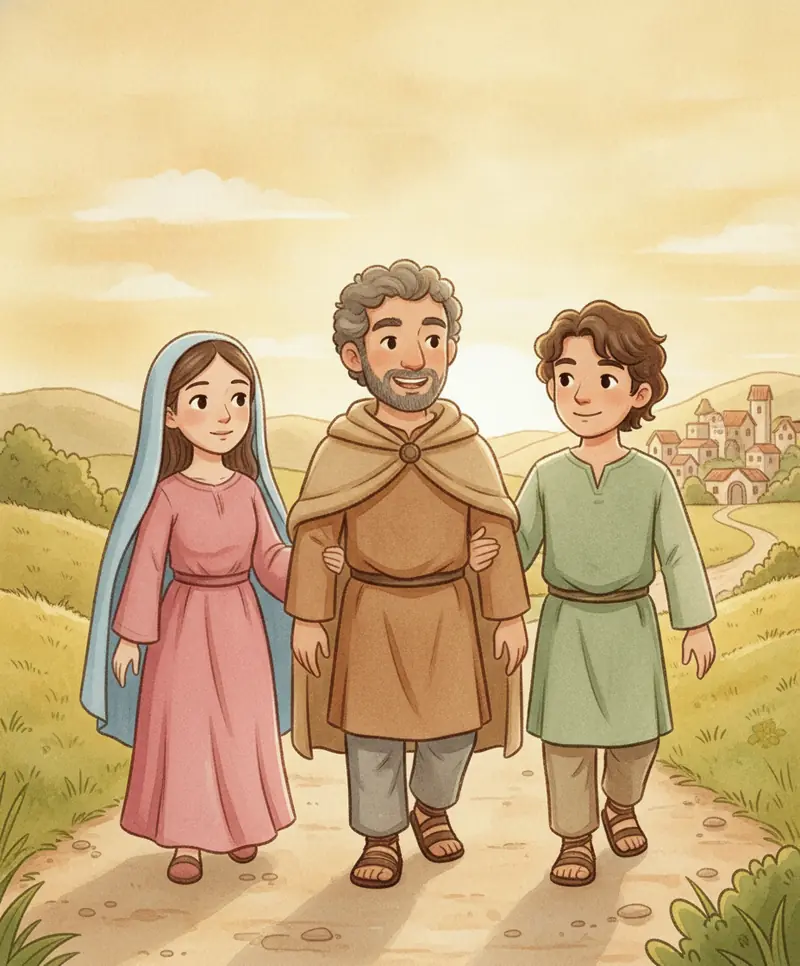 Os amigos de Jesus caminhando felizes de volta para casa sob um céu dourado de fim de tarde.
