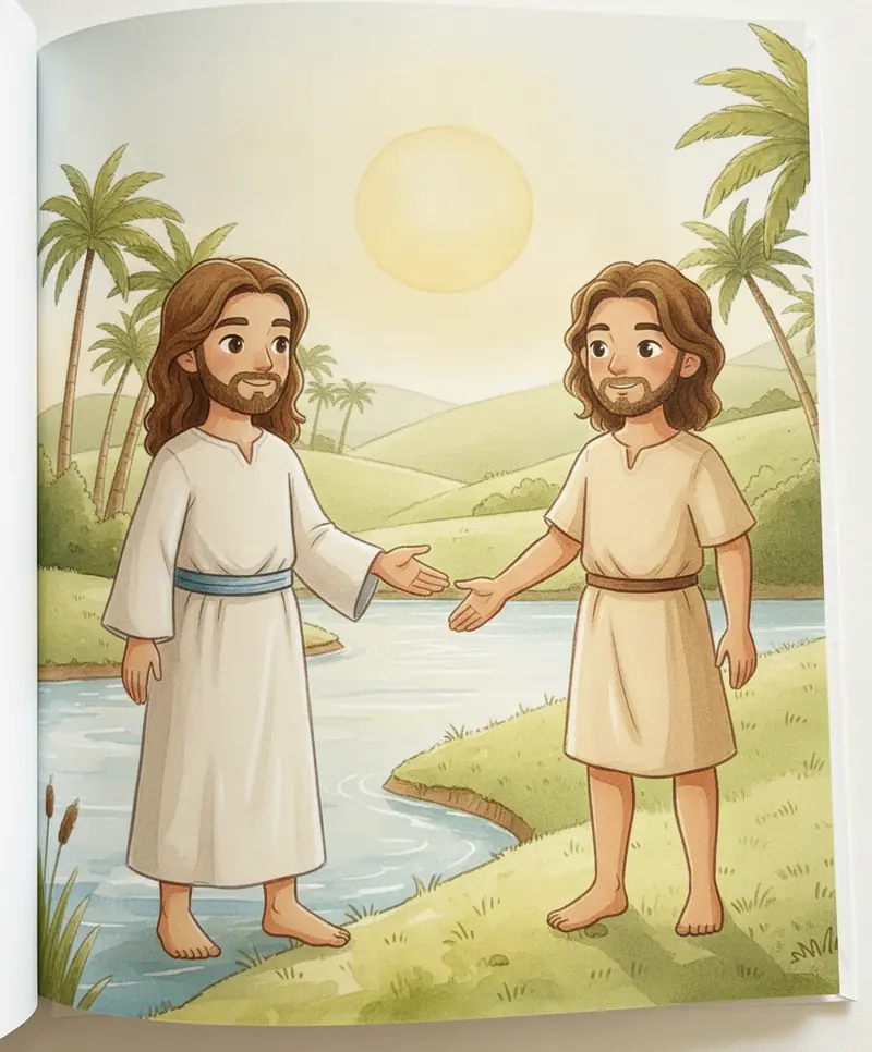 Jesus chega ao rio e cumprimenta João Batista, que parece surpreso e feliz.