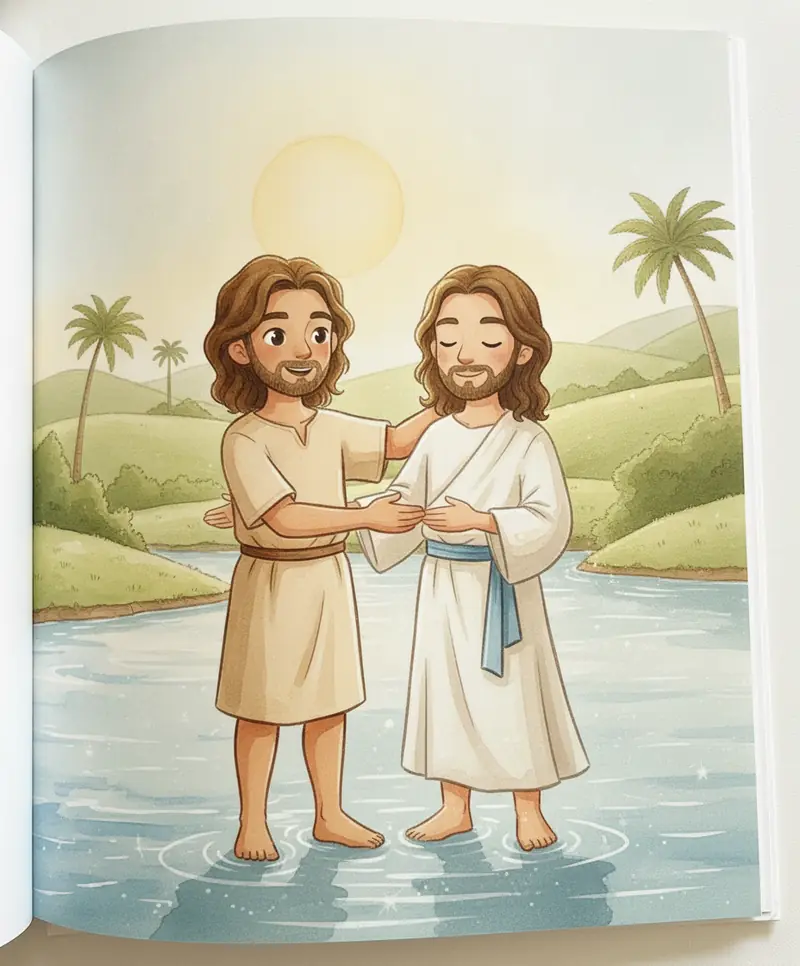 João batiza Jesus com cuidado nas águas mansas e luminosas do rio Jordão.