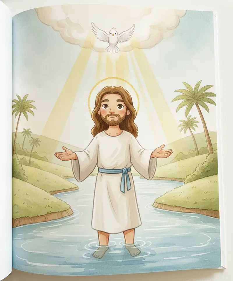 O céu se abre com luz dourada e uma pomba branca desce suavemente sobre Jesus.