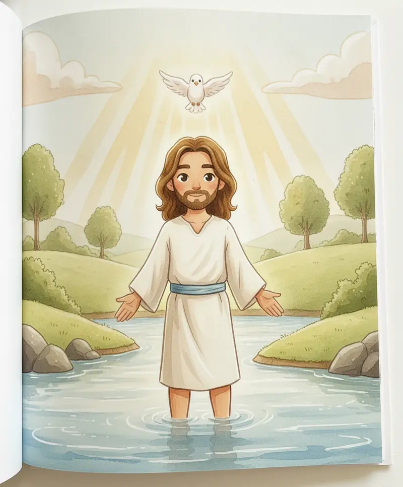 Jesus, banhado de luz dourada com a pomba acima, enquanto o céu parece sorrir de alegria.