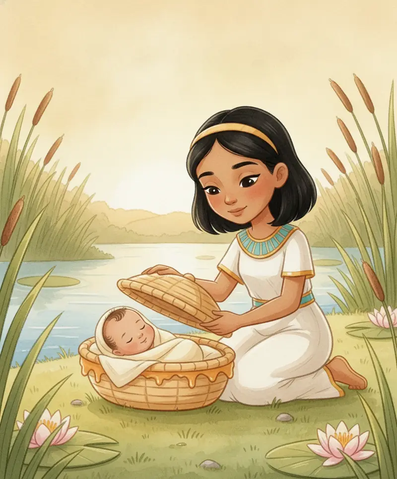 Uma princesa egípcia abre a cestinha à beira do rio e descobre o bebê sorrindo encantada.