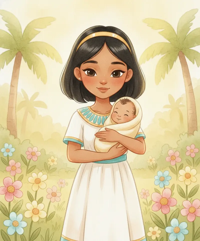 A princesa segura o bebê Moisés com amor em um jardim ensolarado, cercados de luz dourada.