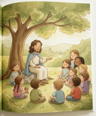 Jesus sentado embaixo de uma árvore contando uma história para crianças e adultos atentos.