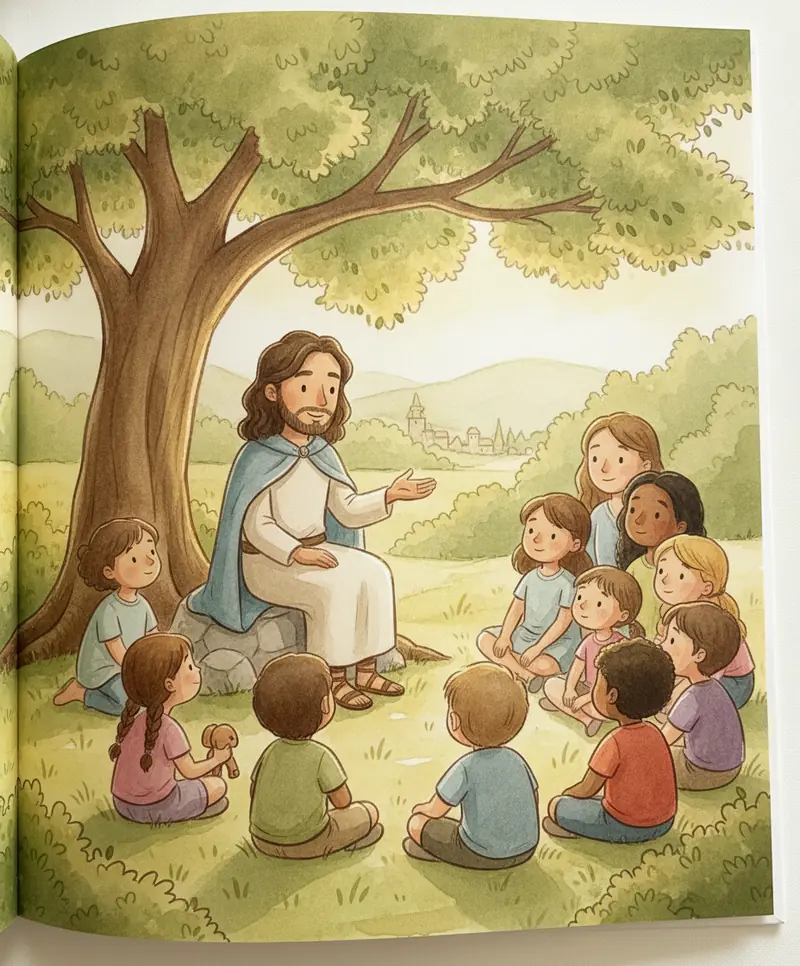 Jesus sentado embaixo de uma árvore contando uma história para crianças e adultos atentos.