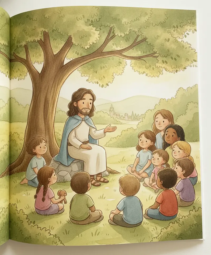 Jesus ensinando com carinho a um grupo de crianças felizes ao entardecer dourado.