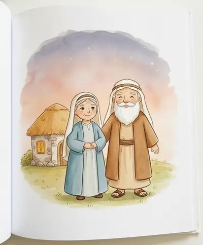 Abraão e Sara, idosos e sorridentes, em frente à sua casa simples sob um céu estrelado ao anoitecer.