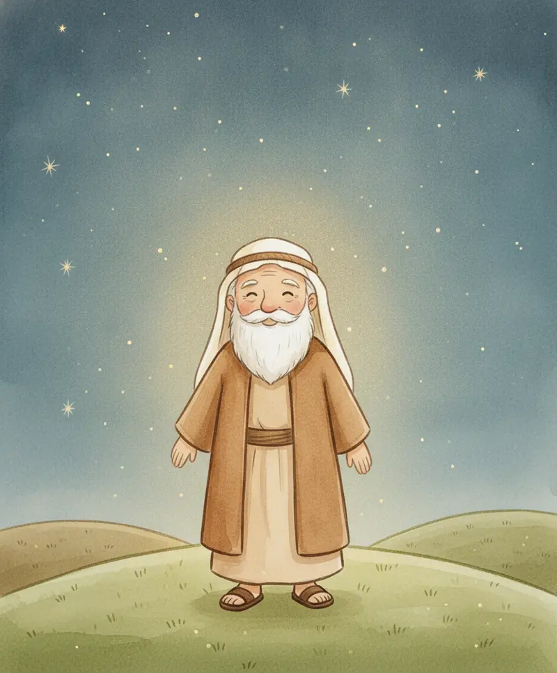 Abraão olha maravilhado para um céu cheio de estrelas brilhantes, sorrindo com esperança.