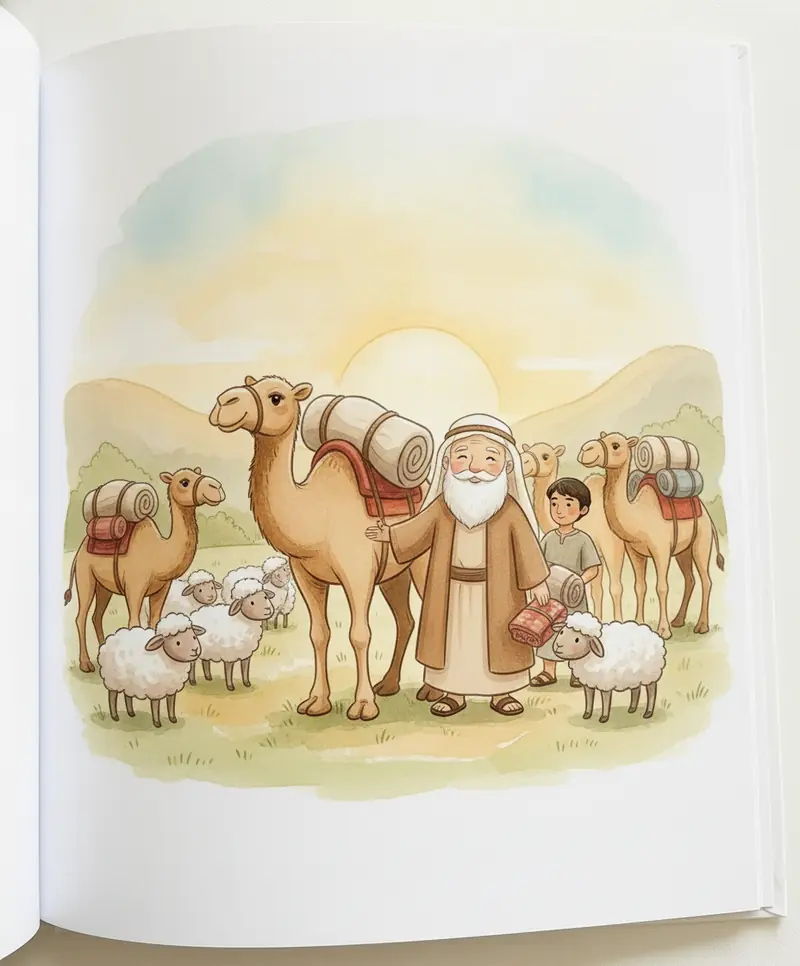 Abraão e Sara arrumam tendas e fardos enquanto camelos e ovelhas mansos esperam para a viagem.