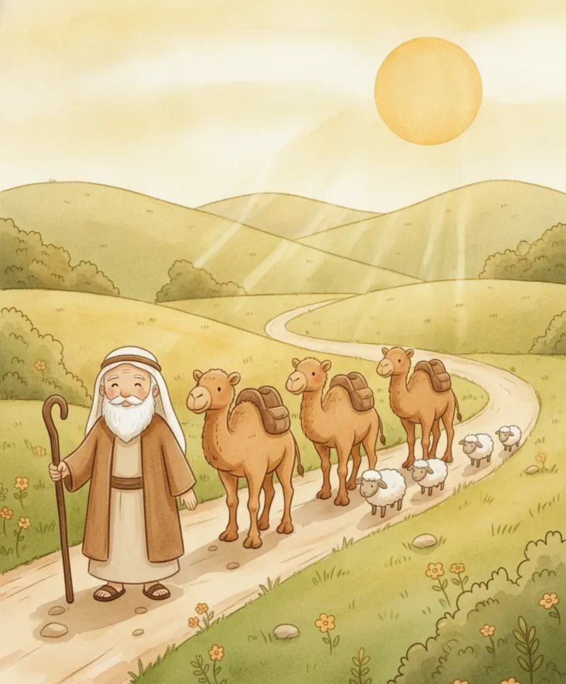 Abraão e Sara guiam uma caravana de camelos e ovelhas por colinas douradas sob o sol.