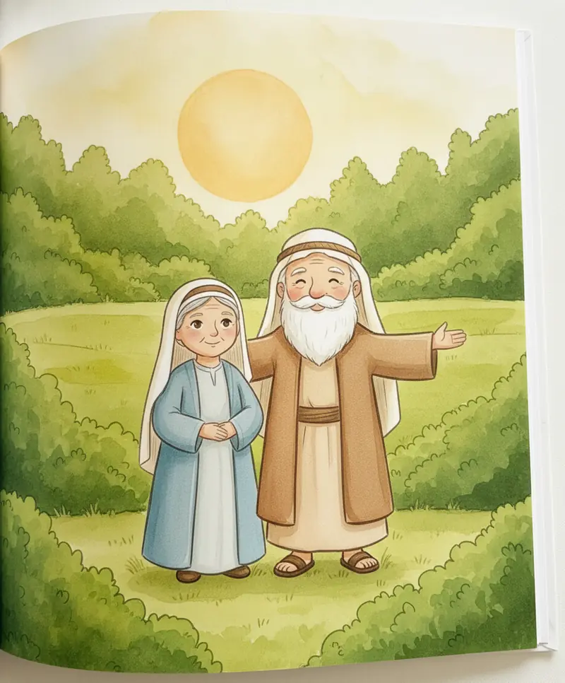 Abraão de braços abertos e Sara contemplam, agradecidos, uma terra verde cheia de árvores e campos.