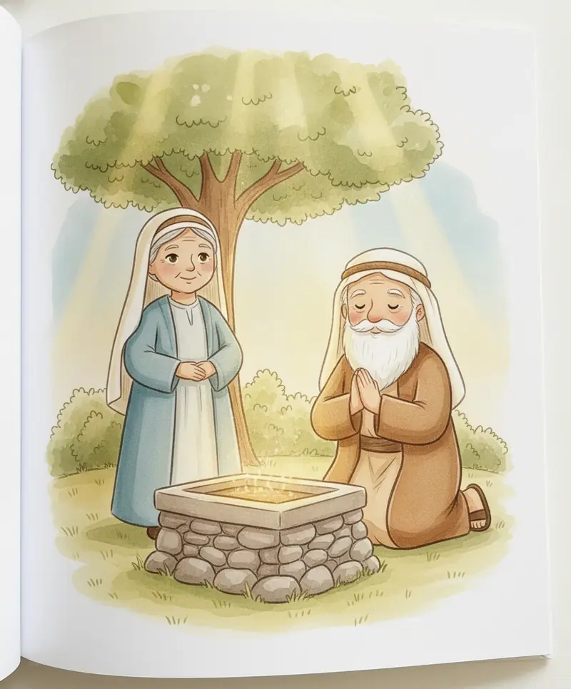 Abraão ajoelhado em oração junto a um altar de pedras simples, com Sara ao lado, sob luz dourada.
