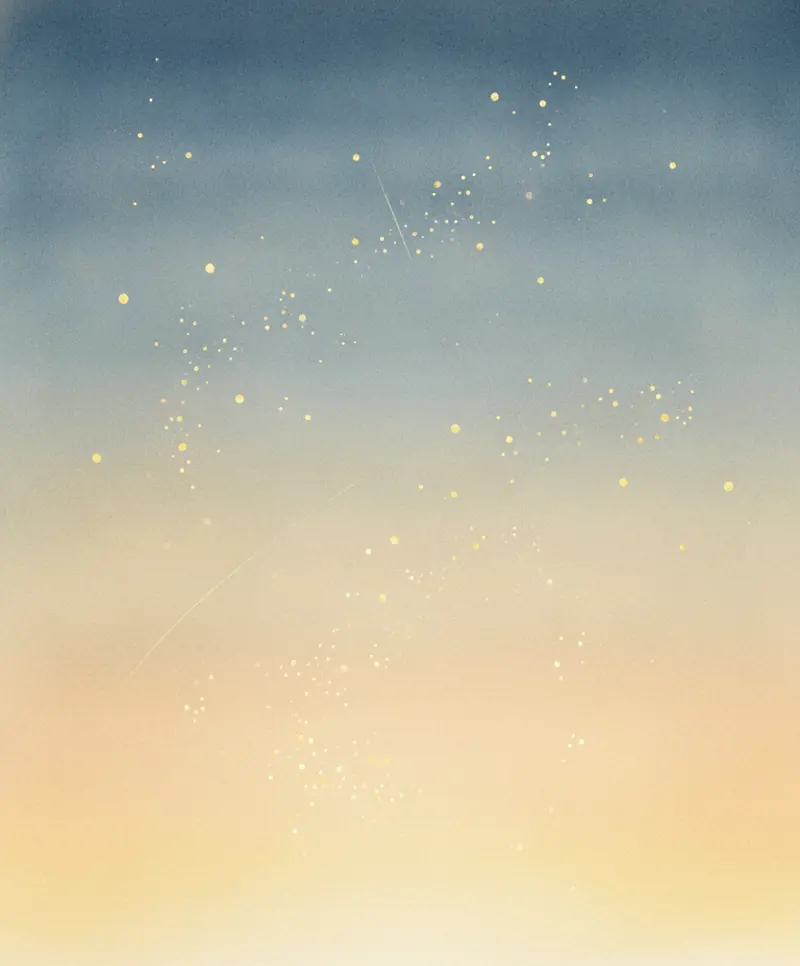 Um céu azul-escuro e tranquilo com pequenas estrelas suaves, antes do mundo começar.