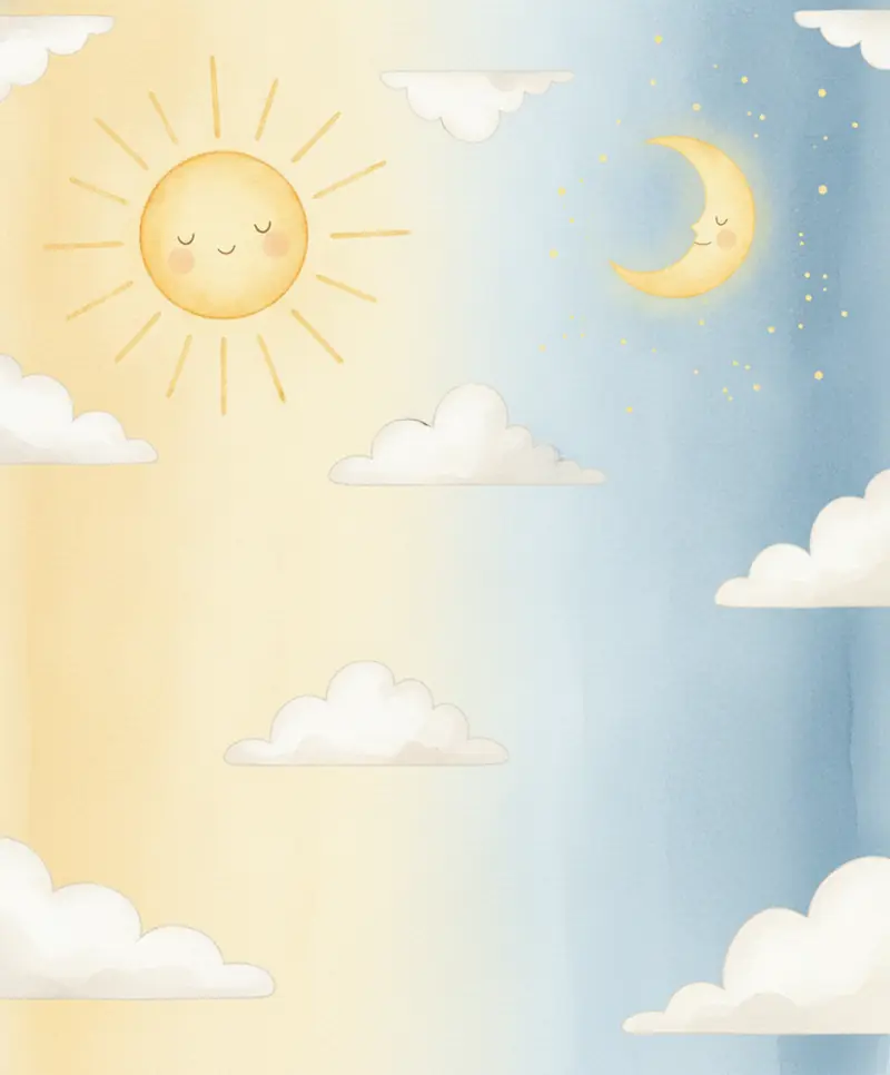 Um sol quentinho de um lado do céu e a lua com muitas estrelinhas piscando do outro.