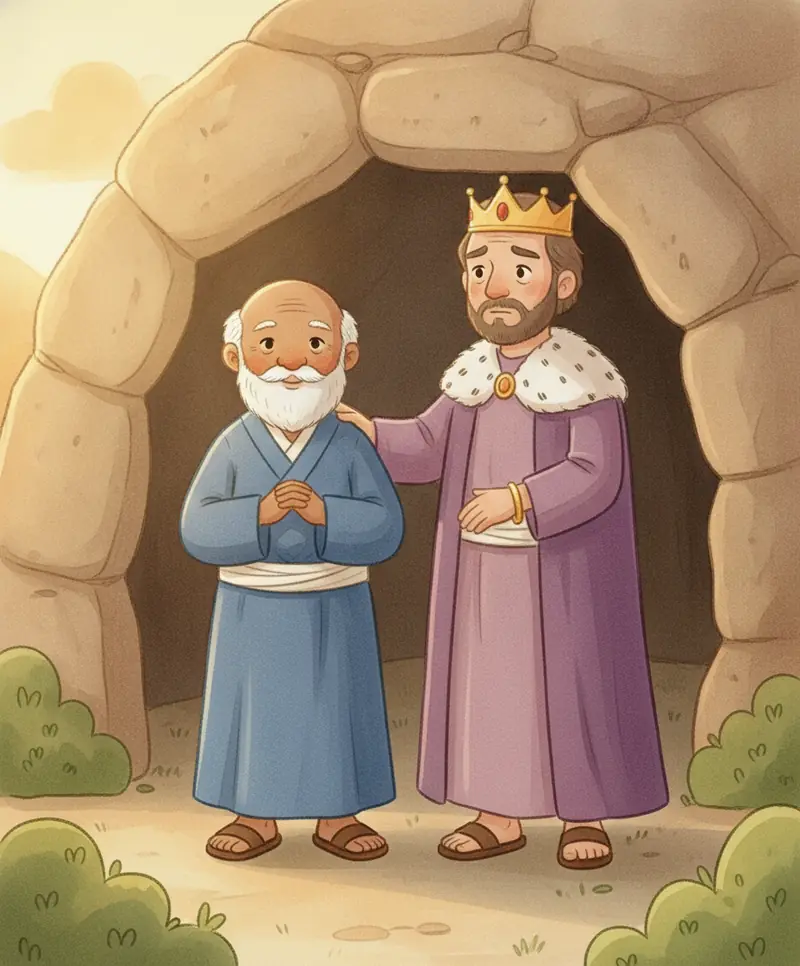 O rei Dario, com a mão no ombro de Daniel, se despede dele na entrada da cova.