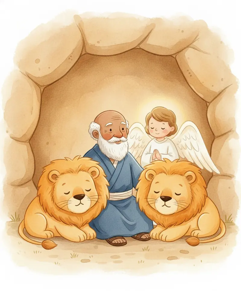 Daniel sentado tranquilo entre dois leões mansos, com um anjo brilhante ao seu lado.