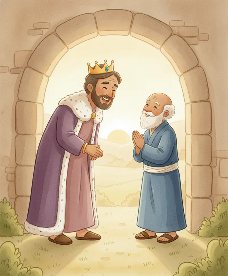 O rei Dario, sorridente ao amanhecer, encontra Daniel são e salvo na entrada da cova.