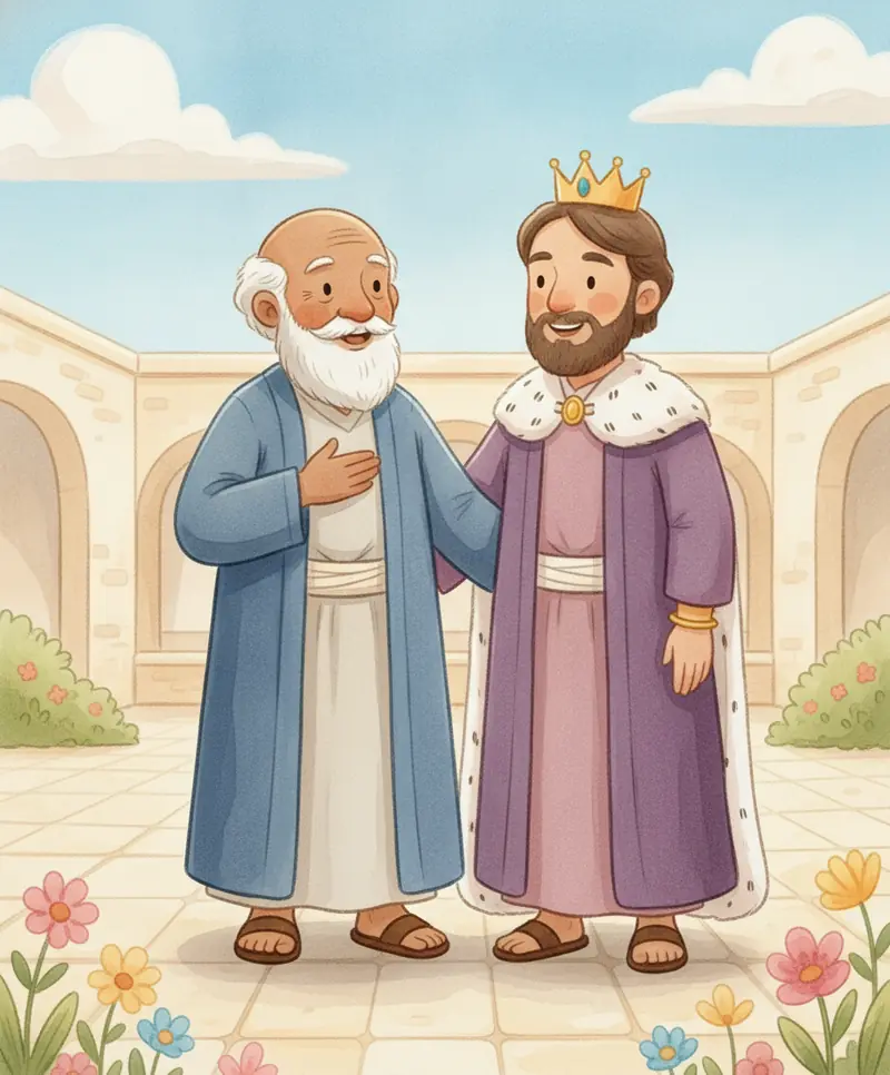 Daniel e o rei Dario sorrindo juntos num pátio ensolarado, cheios de paz e esperança.