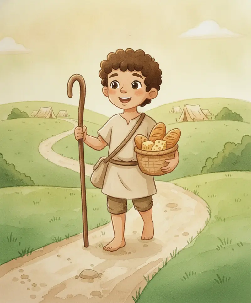 Davi caminha por um caminho levando uma cesta com pães e queijos para os irmãos.